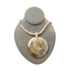 Vintage Boho Shell Pendant Necklace • Spiral Mother-of-Pearl • Natural Beads